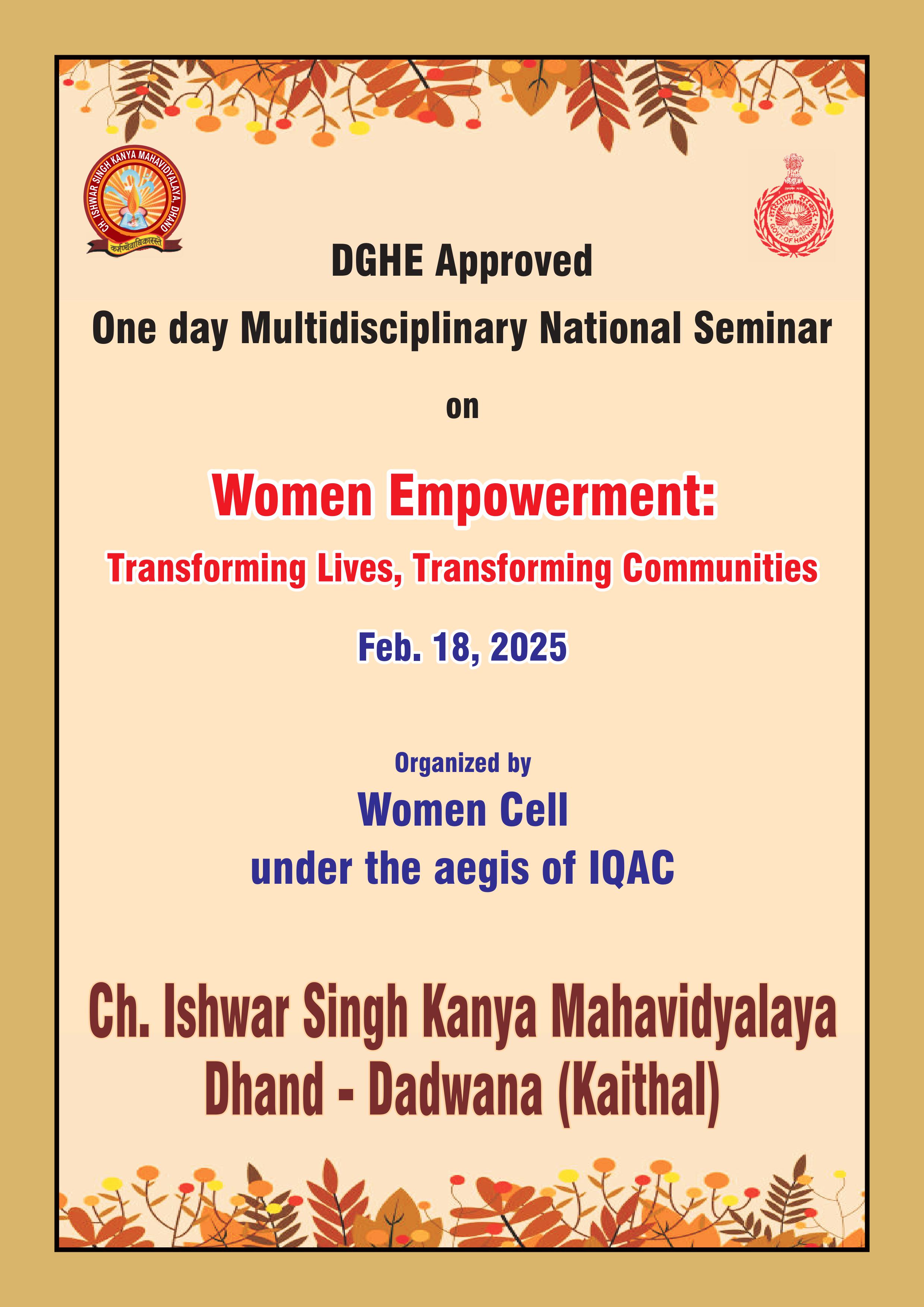 National Seminar on Women Empowerment: Transforming lives,Transforming Communities held on Feb 18, 2025